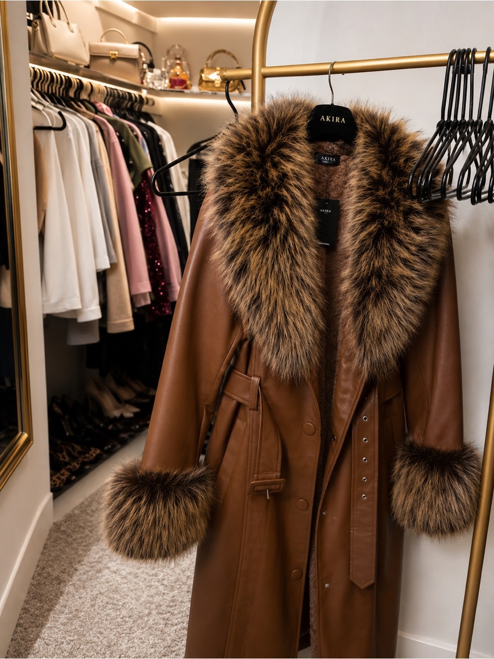 NWT AKIRA Brown Faux Leather Faux Fur Belted Maxi Coat - Picture 2 of 6